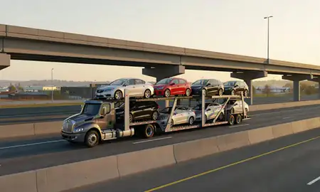 Car transporter with the Pottstown, Pennsylvania, United States skyline behind it