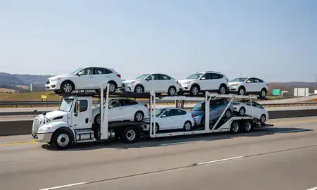 Multi-level car carrier on the highway to Reading, Pennsylvania, United States