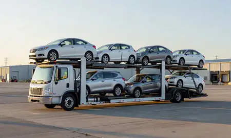 Car transporter loaded with vehicles in Reading, Pennsylvania, United States