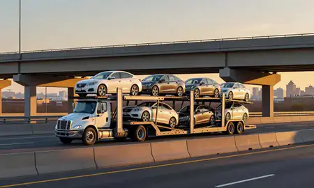 Car transporter with the Reading, Pennsylvania, United States skyline behind it