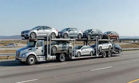 Multi-level car carrier on the highway to Scranton, Pennsylvania, United States