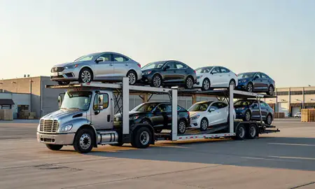 Car transporter loaded with vehicles in Scranton, Pennsylvania, United States