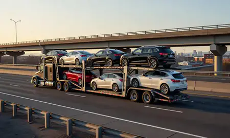 Car transporter with the Scranton, Pennsylvania, United States skyline behind it