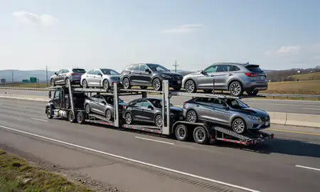 Multi-level car carrier on the highway to State College, Pennsylvania, United States