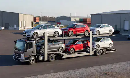 Car transporter loaded with vehicles in State College, Pennsylvania, United States