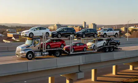 Car transporter with the State College, Pennsylvania, United States skyline behind it