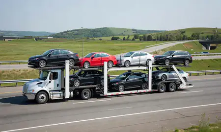 Multi-level car carrier on the highway to Wilkes-Barre, Pennsylvania, United States