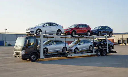 Car transporter loaded with vehicles in Wilkes-Barre, Pennsylvania, United States