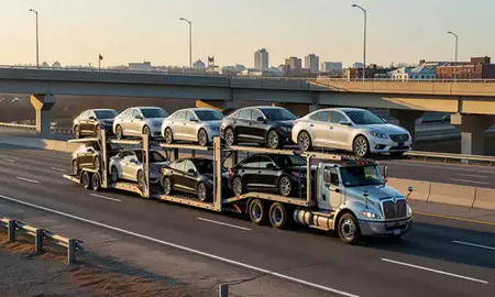 Car transporter with the Wilkes-Barre, Pennsylvania, United States skyline behind it