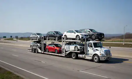 Multi-level car carrier on the highway to Williamsport, Pennsylvania, United States