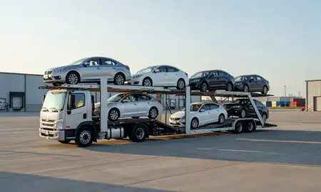 Car transporter loaded with vehicles in Williamsport, Pennsylvania, United States