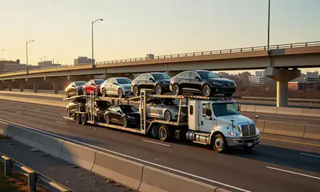Car transporter with the Williamsport, Pennsylvania, United States skyline behind it