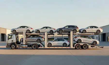 Car transporter parked in an industrial area of York, Pennsylvania, United States