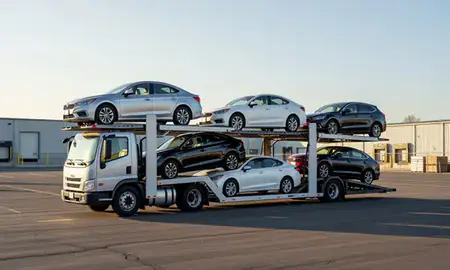 Car transporter loaded with vehicles in York, Pennsylvania, United States