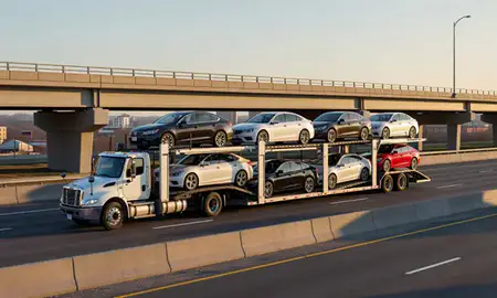 Car transporter with the York, Pennsylvania, United States skyline behind it