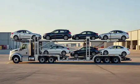 Car transporter parked in an industrial area of Puerto Rico, United States