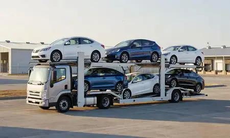 Car transporter loaded with vehicles in Puerto Rico, United States