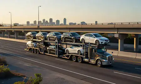Car transporter with the Puerto Rico, United States skyline behind it