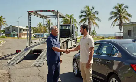 Vehicle owner beside their delivered car in Aguadilla, Puerto Rico, United States