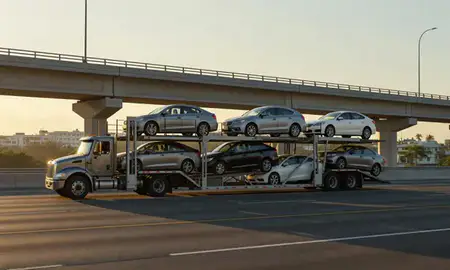 Car transporter with the Aguadilla, Puerto Rico, United States skyline behind it