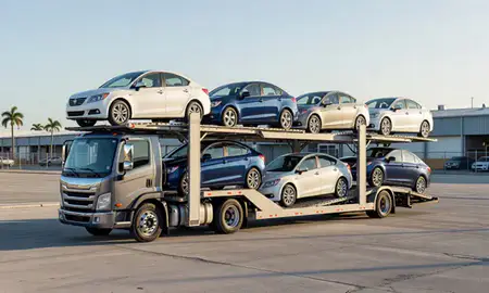 Car transporter loaded with vehicles in Arecibo, Puerto Rico, United States