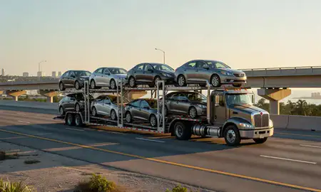Car transporter with the Arecibo, Puerto Rico, United States skyline behind it