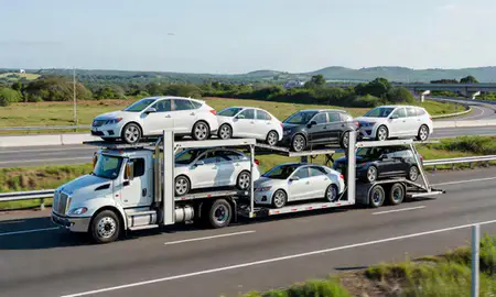 Multi-level car carrier on the highway to Bayamón, Puerto Rico, United States
