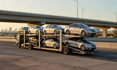 Car transporter with the Bayamón, Puerto Rico, United States skyline behind it