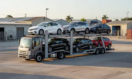 Car transporter loaded with vehicles in Cabo Rojo, Puerto Rico, United States