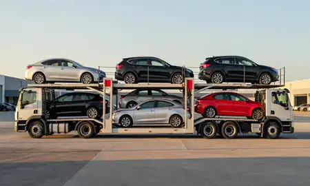 Car transporter parked in an industrial area of Caguas, Puerto Rico, United States