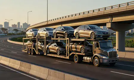 Car transporter with the Caguas, Puerto Rico, United States skyline behind it