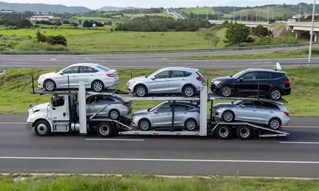 Multi-level car carrier on the highway to Candelaria, Puerto Rico, United States