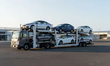 Car transporter loaded with vehicles in Candelaria, Puerto Rico, United States