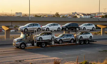 Car transporter with the Candelaria, Puerto Rico, United States skyline behind it