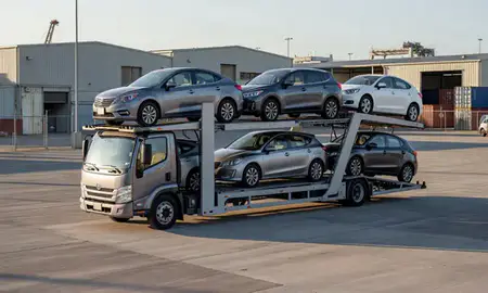 Car transporter loaded with vehicles in Caño Martin Peña, Puerto Rico, United States