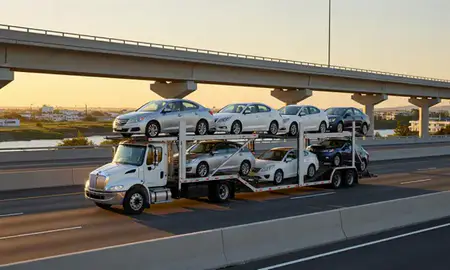 Car transporter with the Caño Martin Peña, Puerto Rico, United States skyline behind it