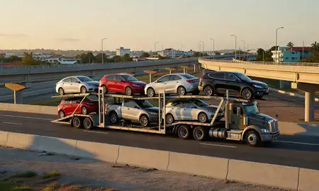 Car transporter with the Canóvanas, Puerto Rico, United States skyline behind it