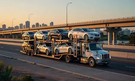 Car transporter with the Carolina, Puerto Rico, United States skyline behind it