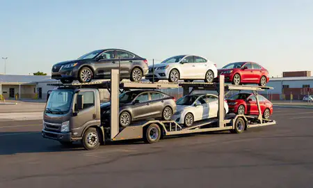 Car transporter loaded with vehicles in Cataño, Puerto Rico, United States
