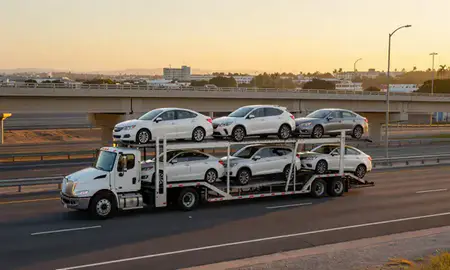 Car transporter with the Cataño, Puerto Rico, United States skyline behind it