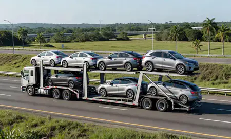 Multi-level car carrier on the highway to Cayey, Puerto Rico, United States