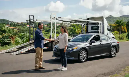 Vehicle owner beside their delivered car in Cayey, Puerto Rico, United States
