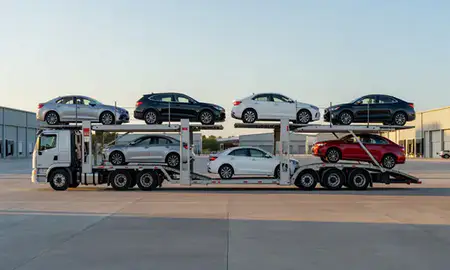 Car transporter parked in an industrial area of Cayey, Puerto Rico, United States
