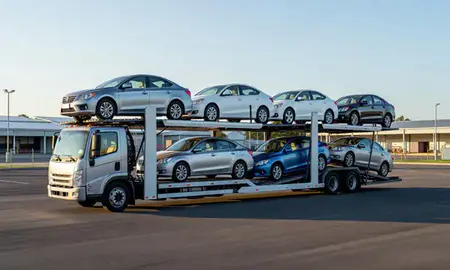 Car transporter loaded with vehicles in Cayey, Puerto Rico, United States