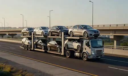 Car transporter with the Cayey, Puerto Rico, United States skyline behind it