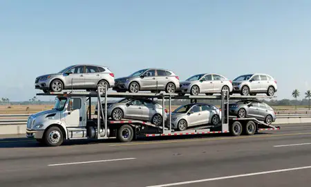 Multi-level car carrier on the highway to Dorado, Puerto Rico, United States