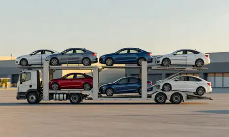 Car transporter parked in an industrial area of Dorado, Puerto Rico, United States