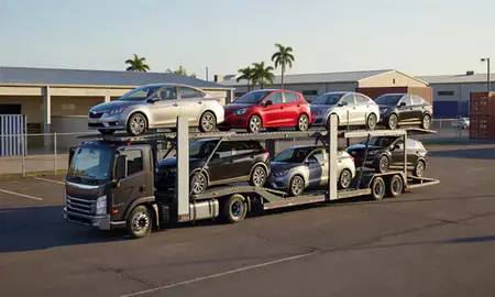 Car transporter loaded with vehicles in Dorado, Puerto Rico, United States