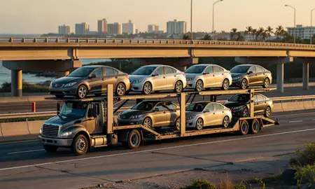 Car transporter with the Dorado, Puerto Rico, United States skyline behind it