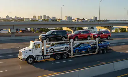 Car transporter with the Fajardo, Puerto Rico, United States skyline behind it